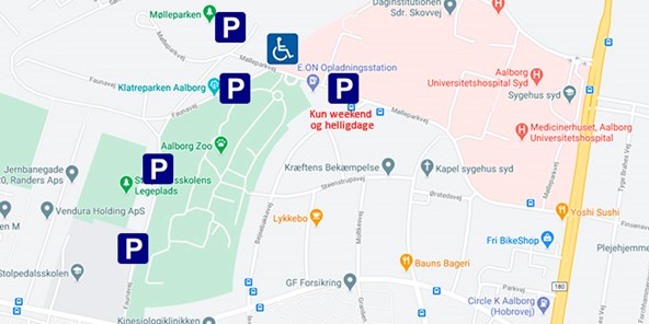 Oversigtskort over parkeringsmuligheder ved Aalborg Zoo
